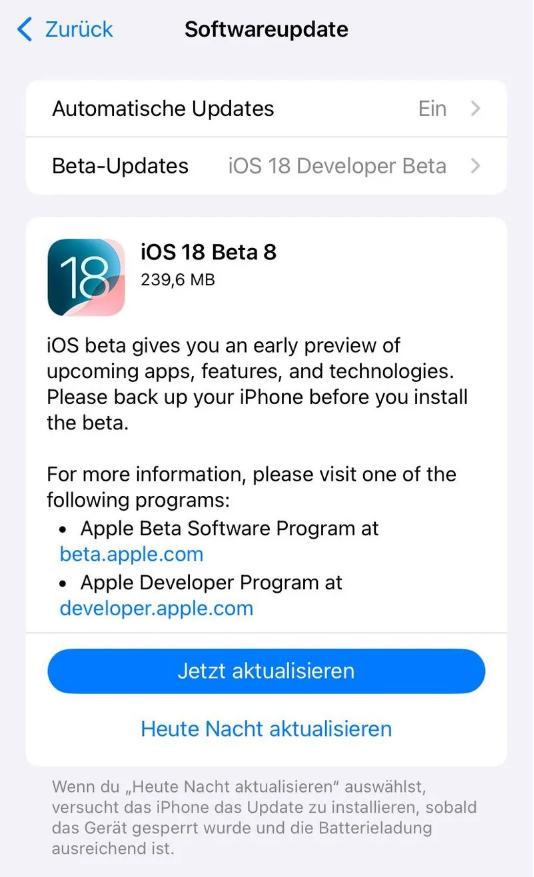 苏家屯苹果手机维修分享苹果 iOS / iPadOS 18 开发者预览版 Beta 8 发布 